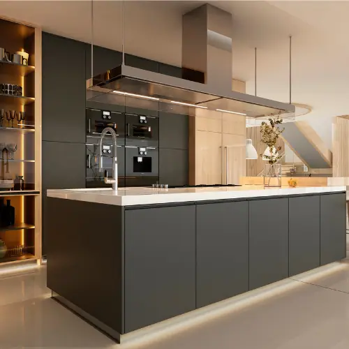 Modern kitchen with charcoal island, integrated lighting and quartz countertop
